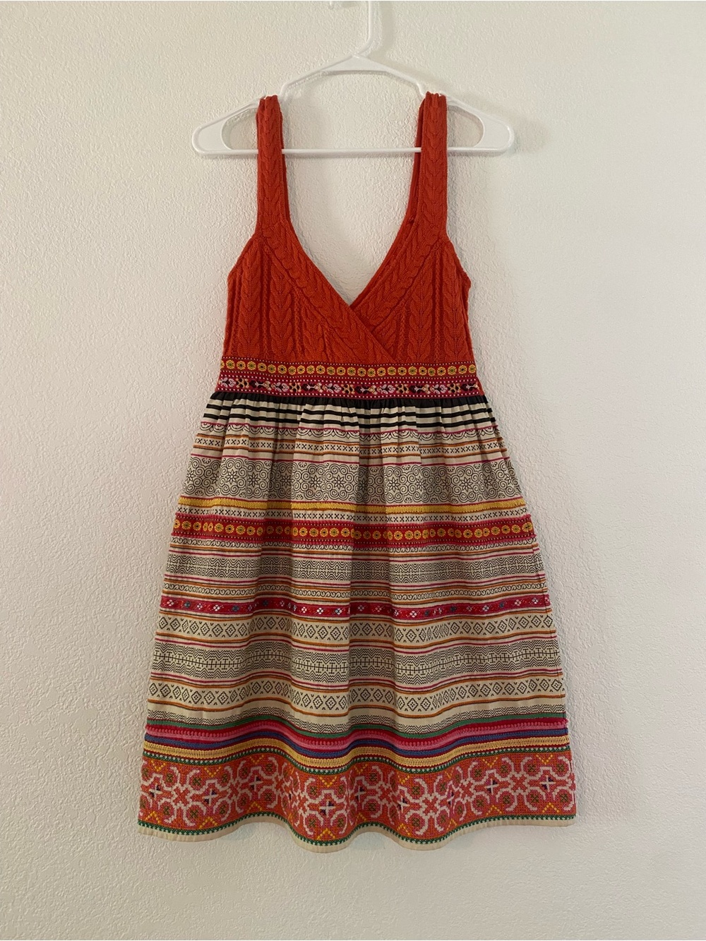 Vintage Free People Boho Embroidered Mini Dress Cable Knit Orange Size 4 Indie